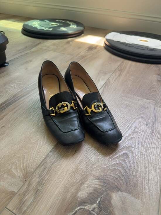 Gucci Shoes - Gucci Black Leather Horsebit Block Heel Loafers Size 38.5